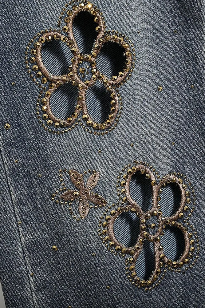 Embroidered hollow rhinestone flared Jeans