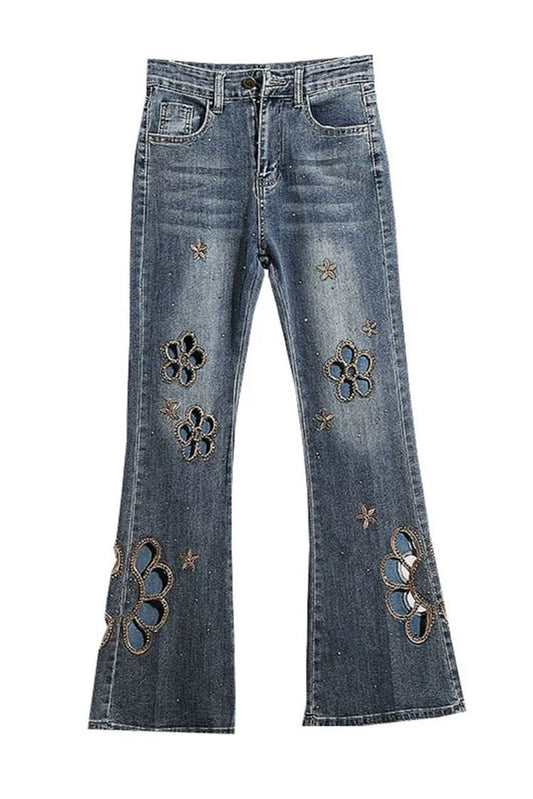 Embroidered hollow rhinestone flared Jeans