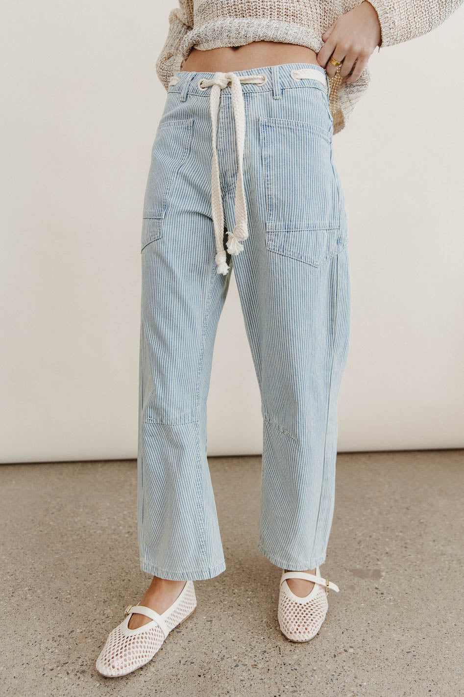 Light blue striped denim flared jeans
