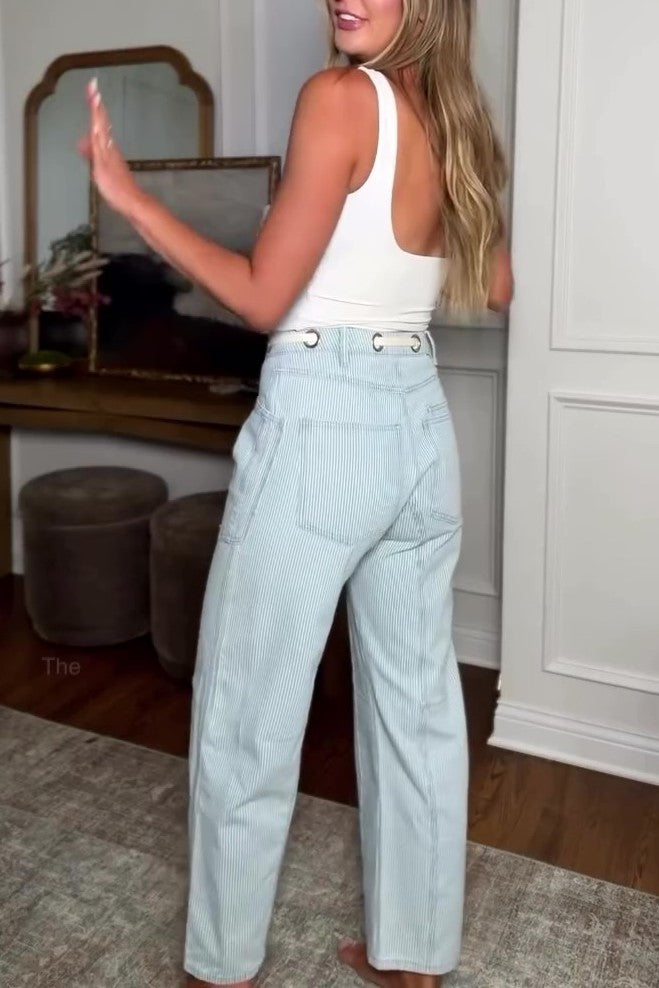 Light blue striped denim flared jeans