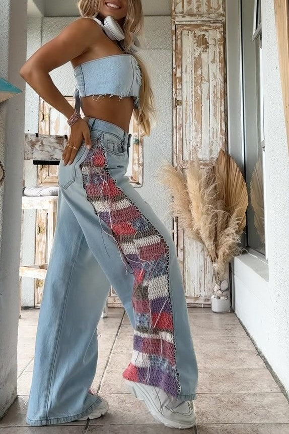 Knitted Patchwork Denim Pants