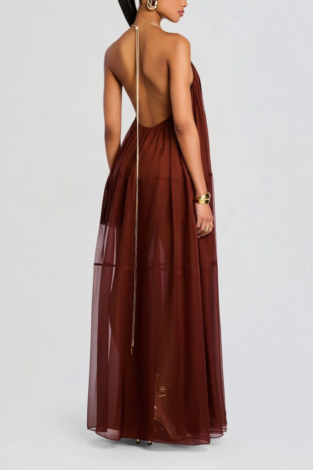 Elegant V-neck Chiffon Flowy Maxi Dress