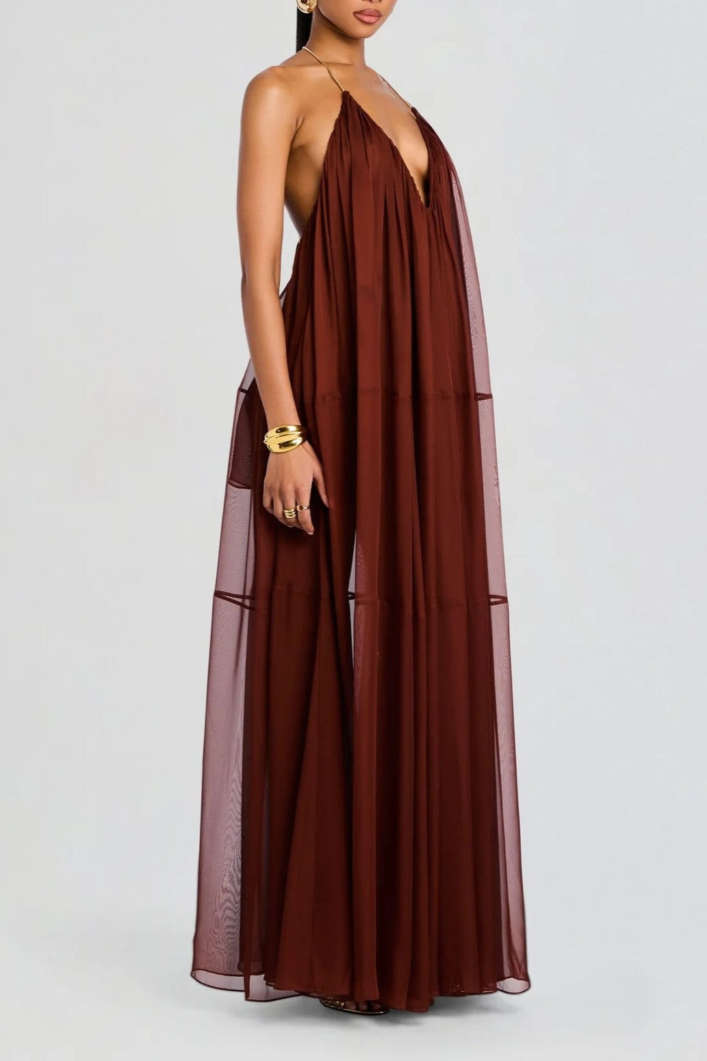Elegant V-neck Chiffon Flowy Maxi Dress