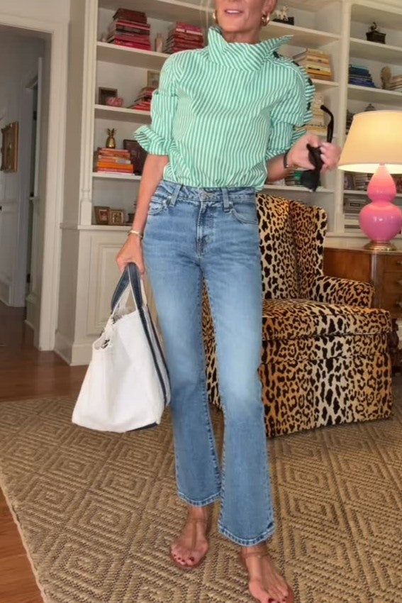 Chic Striped Button Blouse - Green