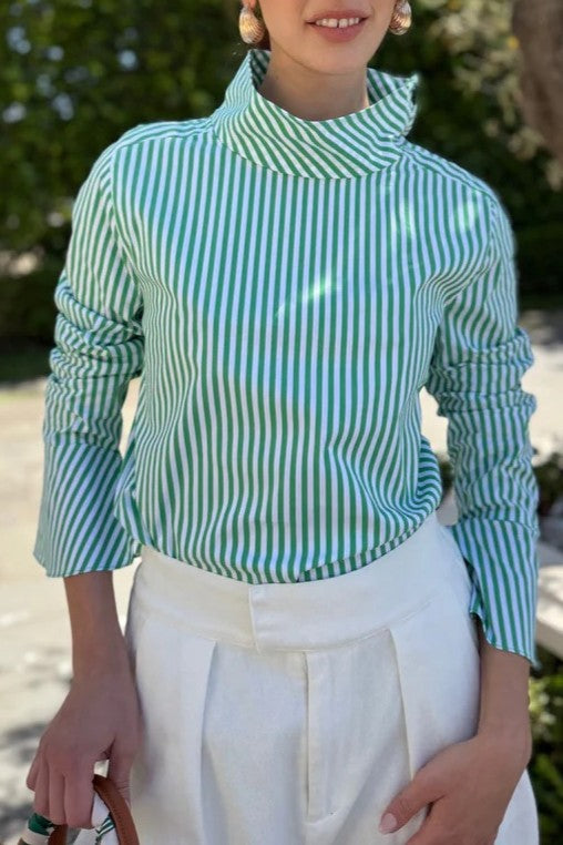 Chic Striped Button Blouse - Green
