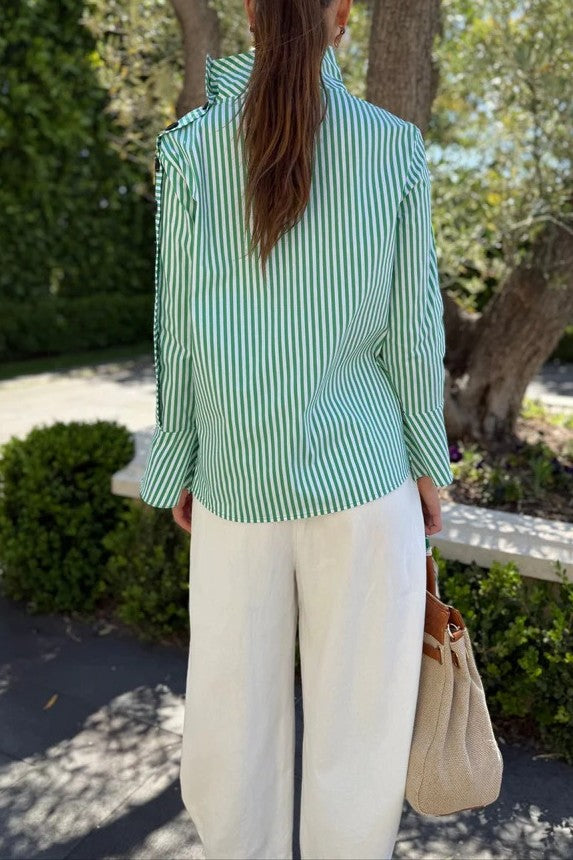 Chic Striped Button Blouse - Green