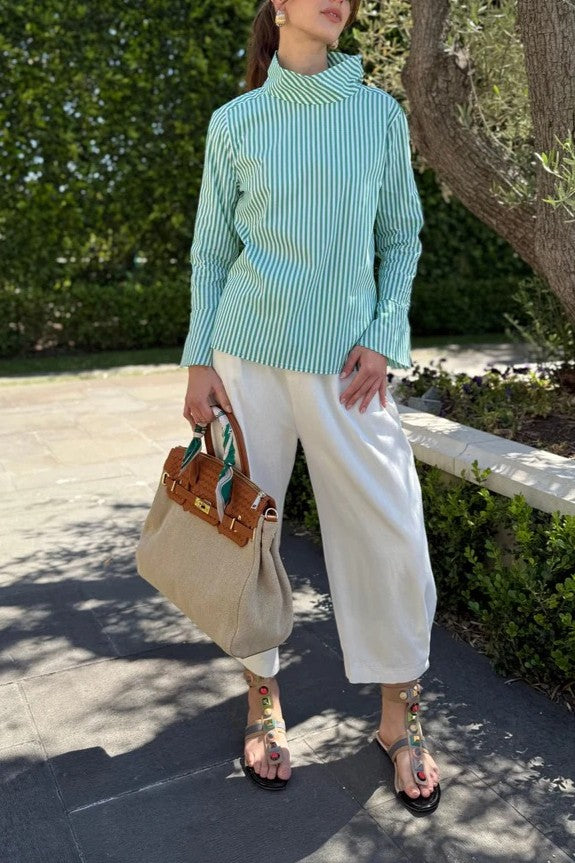 Chic Striped Button Blouse - Green