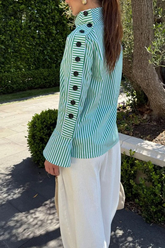 Chic Striped Button Blouse - Green