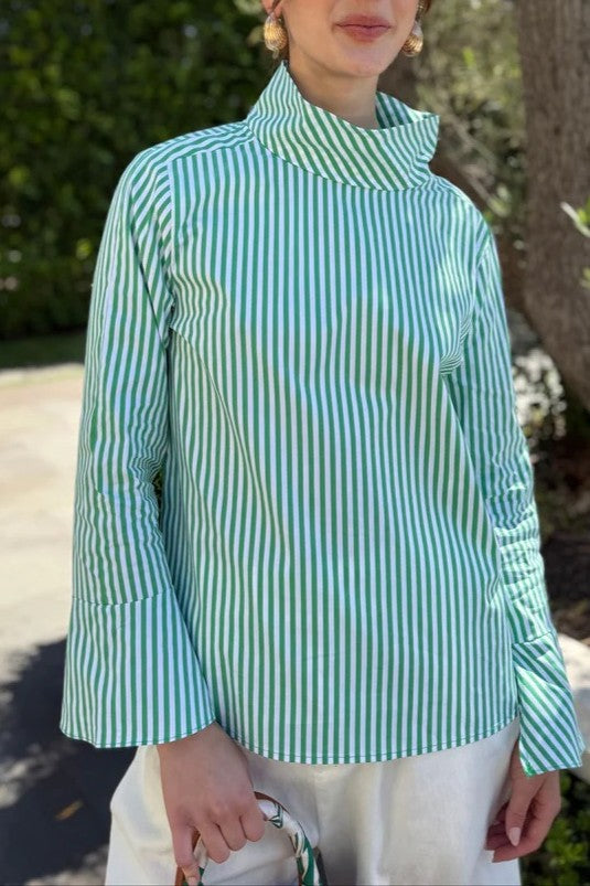 Chic Striped Button Blouse - Green