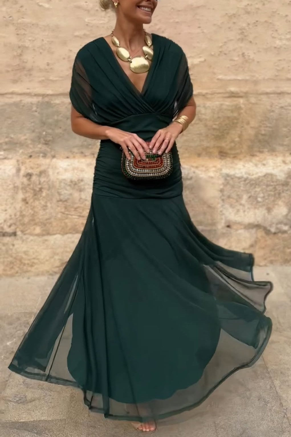 Navy Blue Chiffon V Neck Dress