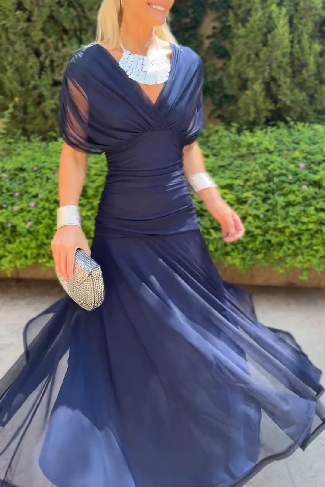 Navy Blue Chiffon V Neck Dress