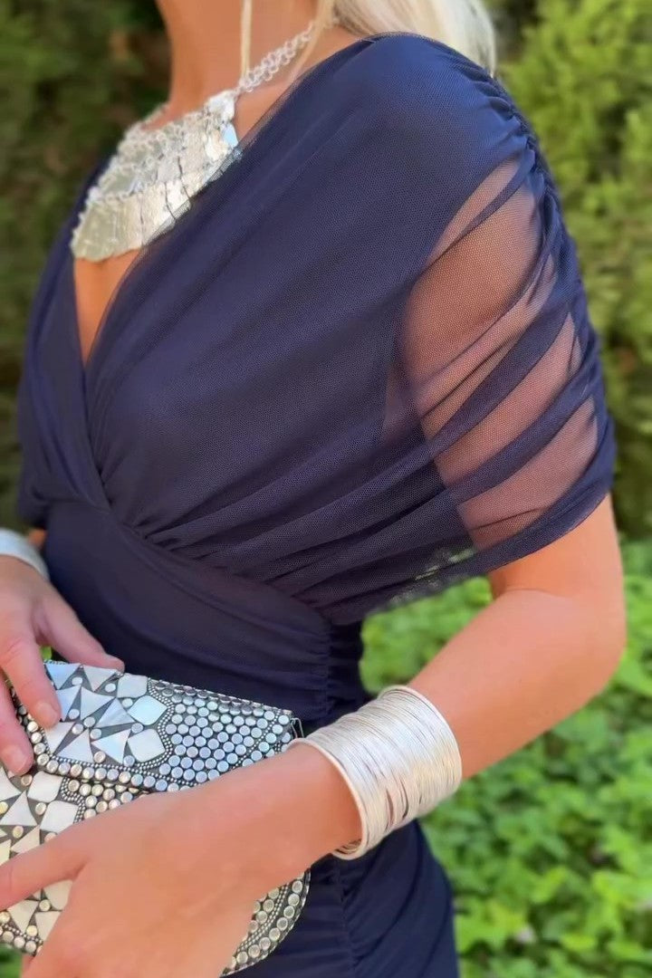 Navy Blue Chiffon V Neck Dress