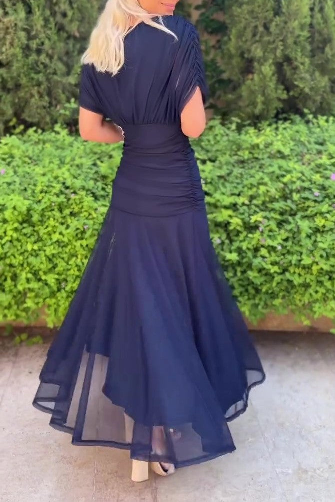 Navy Blue Chiffon V Neck Dress