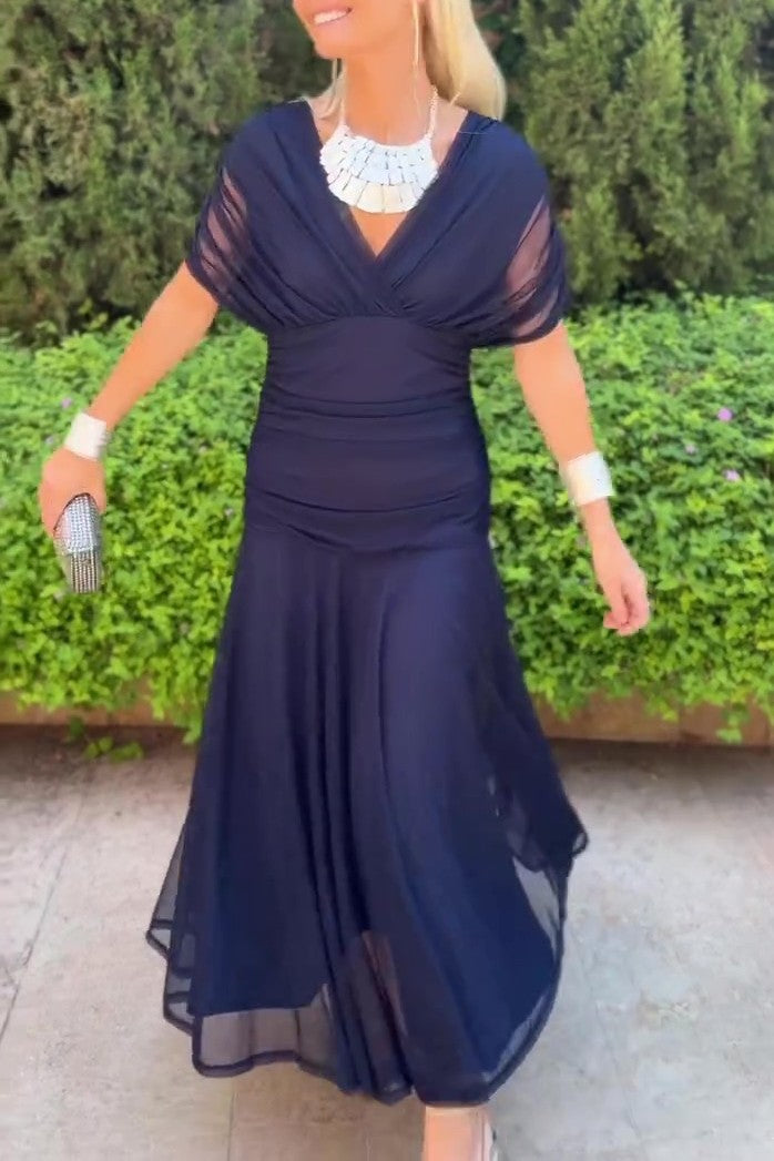 Navy Blue Chiffon V Neck Dress