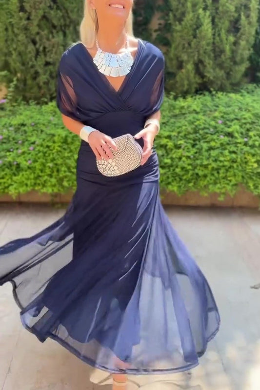Navy Blue Chiffon V Neck Dress