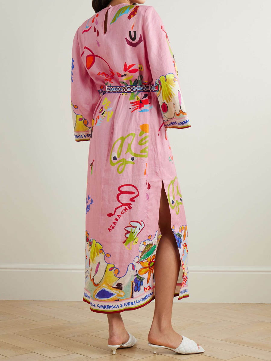 Linen Print Slim Fit Midi Dress