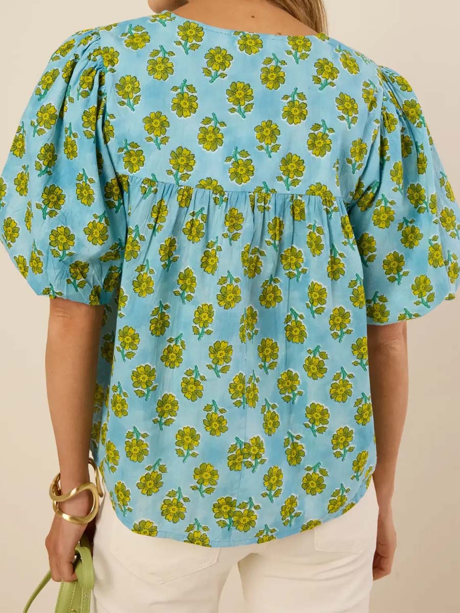Floral Print V-neck Puff Sleeve Top