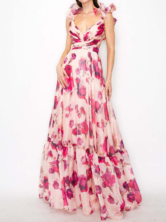 Printed Ruffled Sleeveless Lace-Up Dress