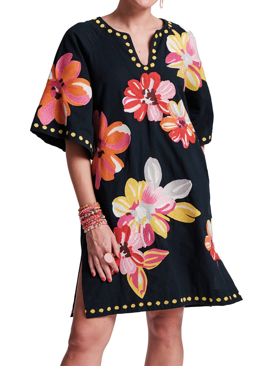 Floral Print Split Scoop Neck 3/4 Sleeve Dress