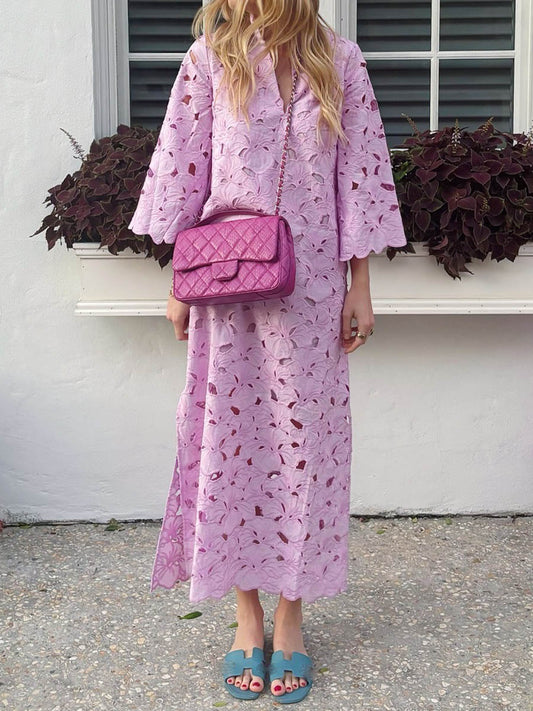 Embroidered hollow lace midi dress