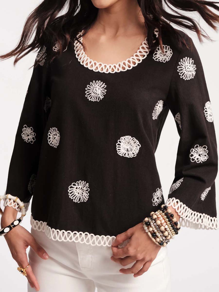 Fiona Scribble Embroidered Bell Sleeves Top