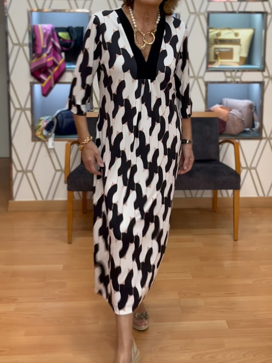 V Neck Slit Hem Printed Dress