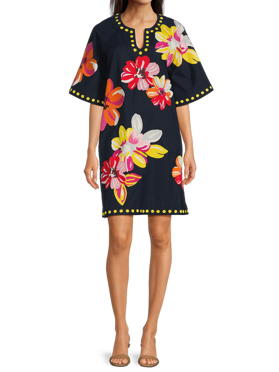 Floral Print Split Scoop Neck 3/4 Sleeve Dress