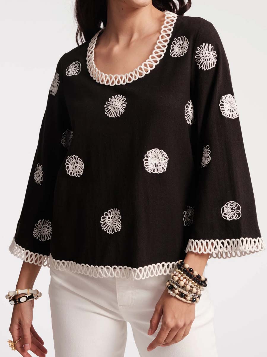 Fiona Scribble Embroidered Bell Sleeves Top