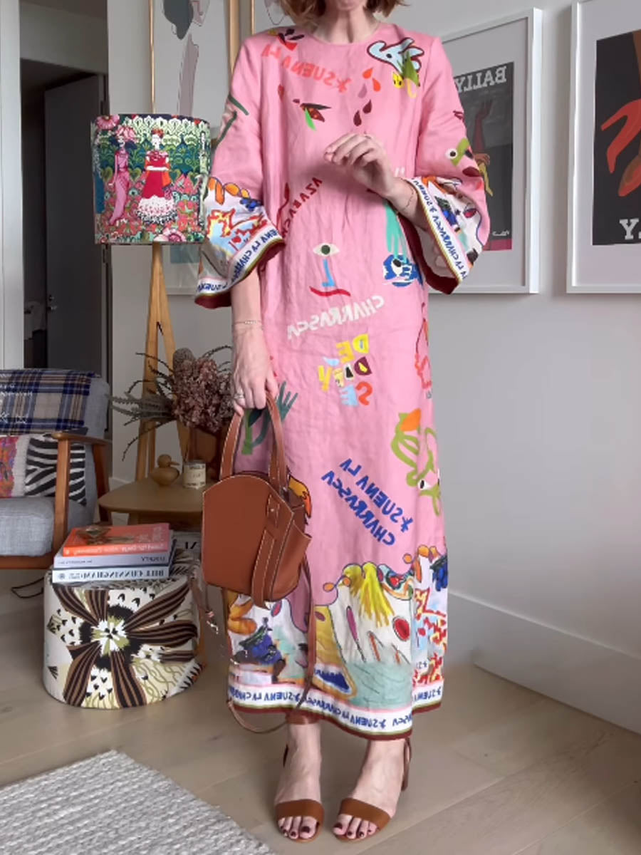 Linen Print Slim Fit Midi Dress