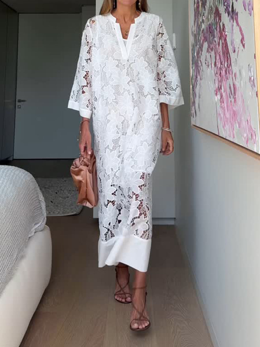 Lace Patchwork V Neck Loose Dress