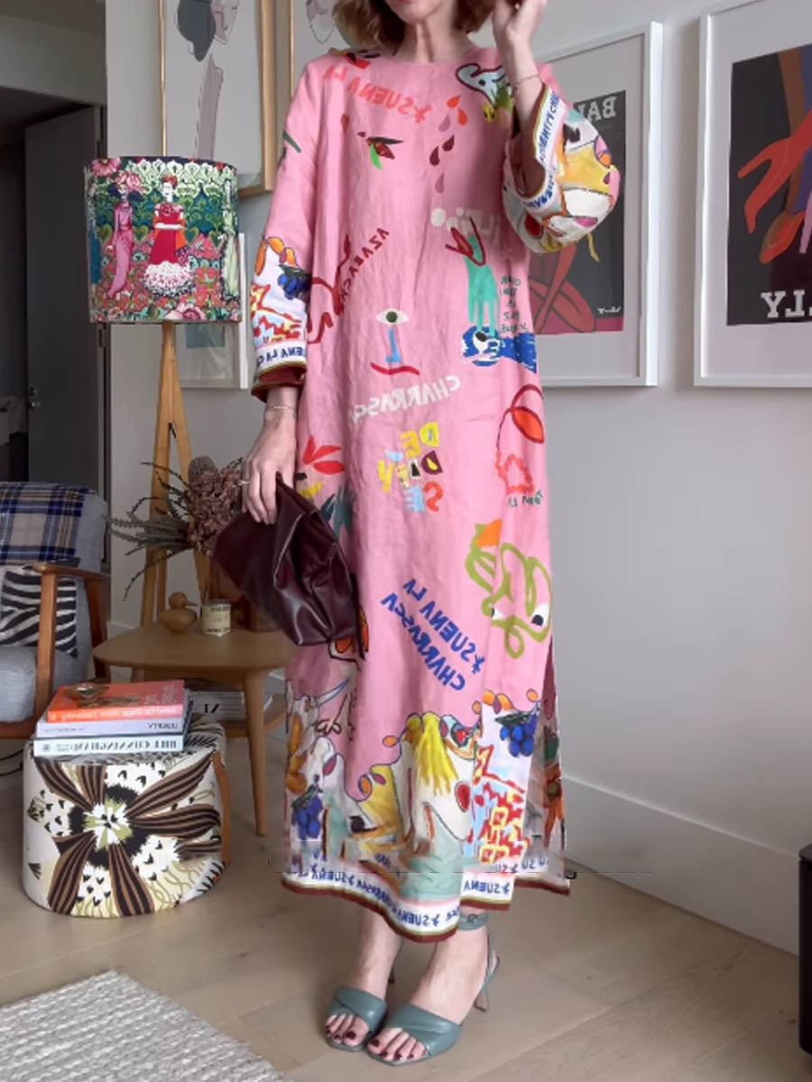 Linen Print Slim Fit Midi Dress