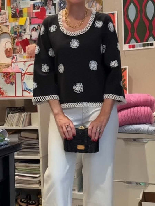 Fiona Scribble Embroidered Bell Sleeves Top