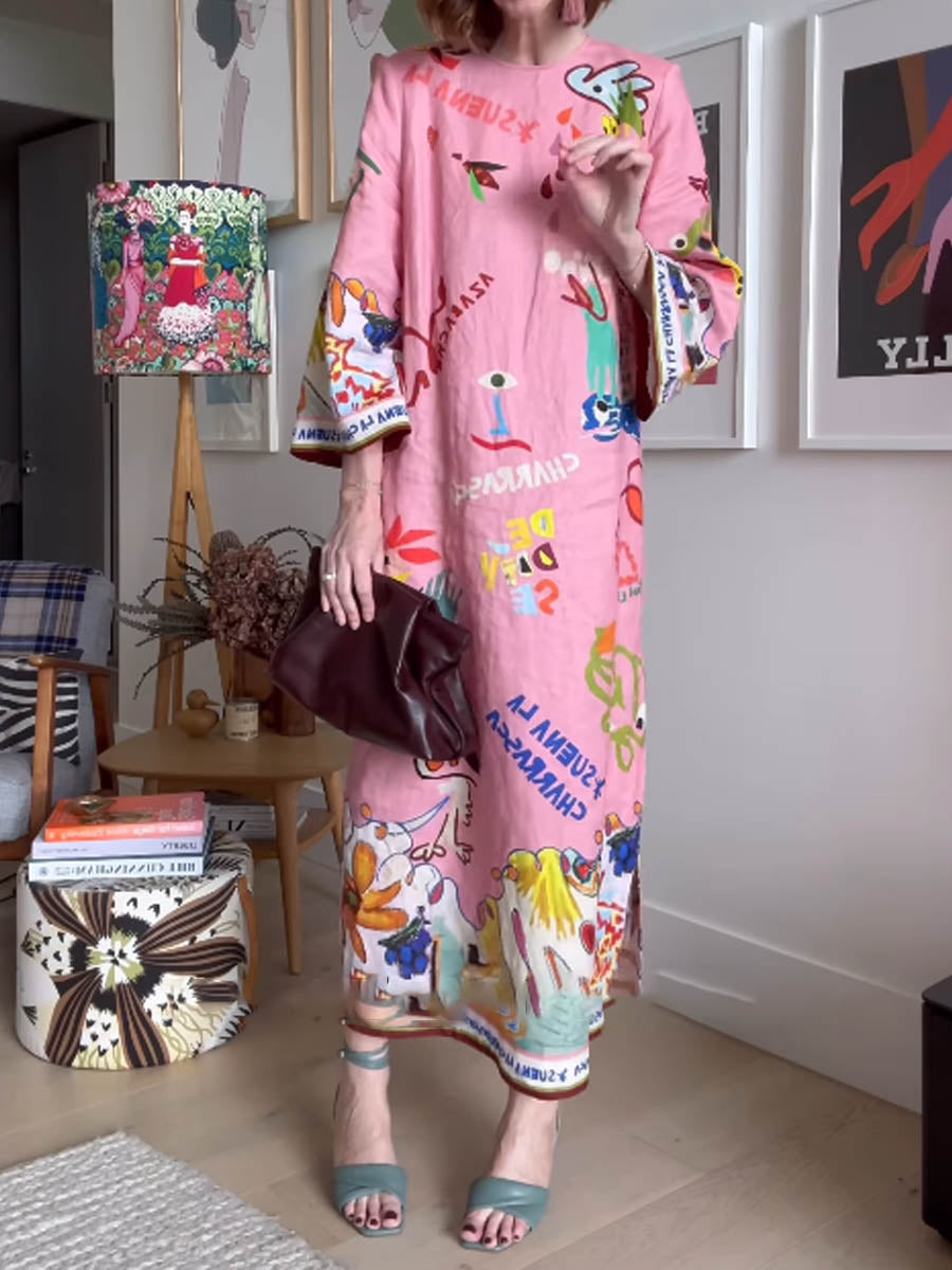 Linen Print Slim Fit Midi Dress