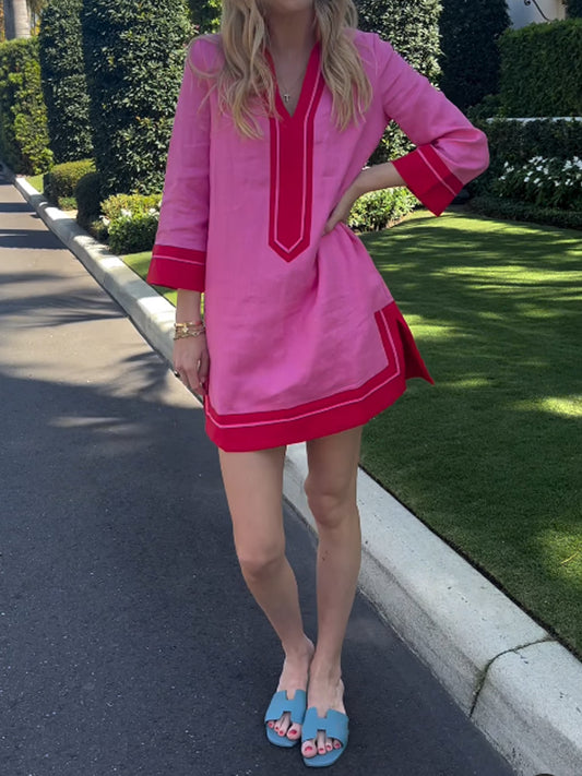 Stand Collar V Neck A-line Dress