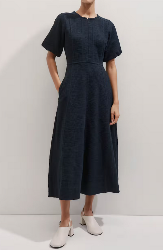Adjustable Neckline Demure Navy Dress