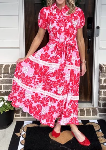 Demure Floral Lace Shirt Dress