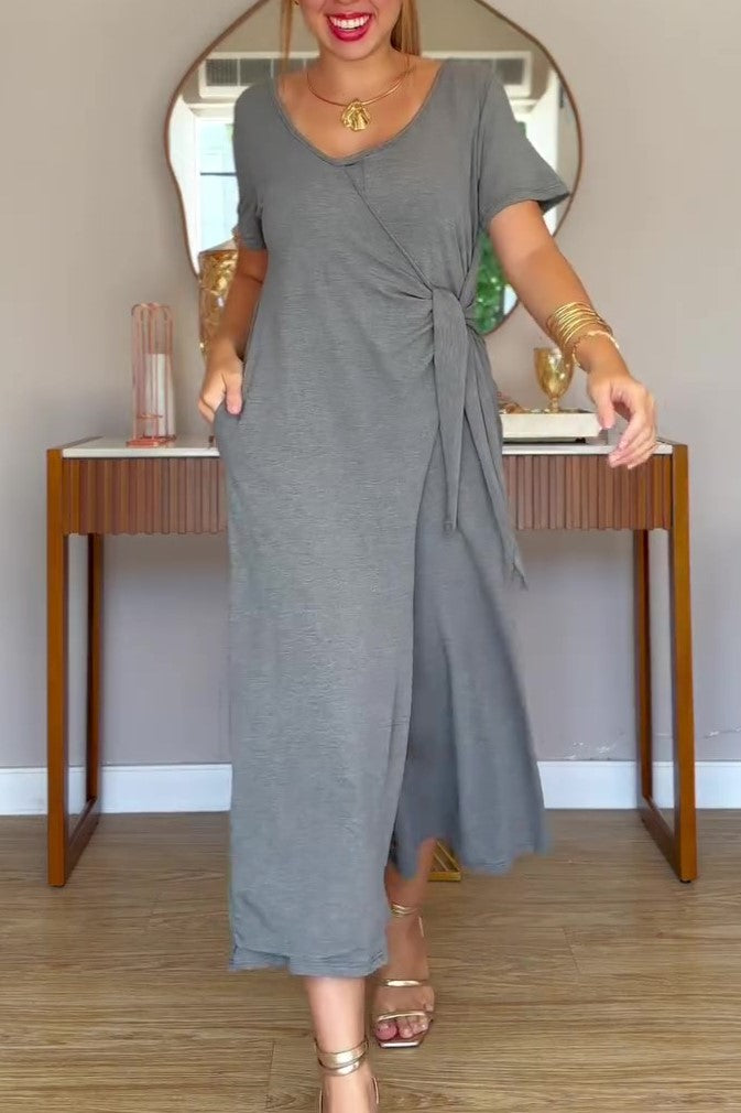 Casual V Neck Knnotted Jumpsuit