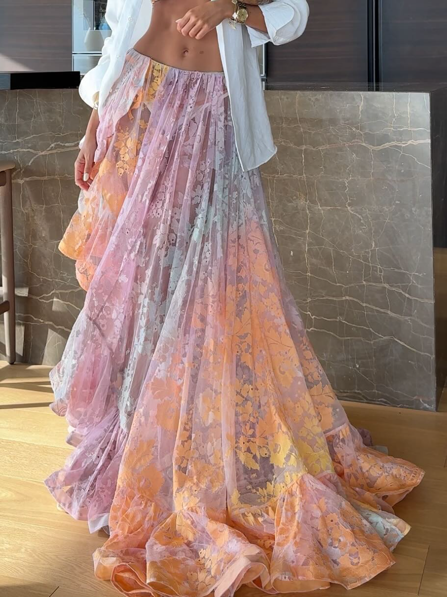 The Lace Billow Sunset Print Maxi Skirt