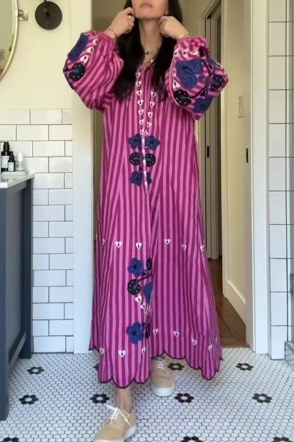 Printed Stripes V Neck Loose Maxi Dress
