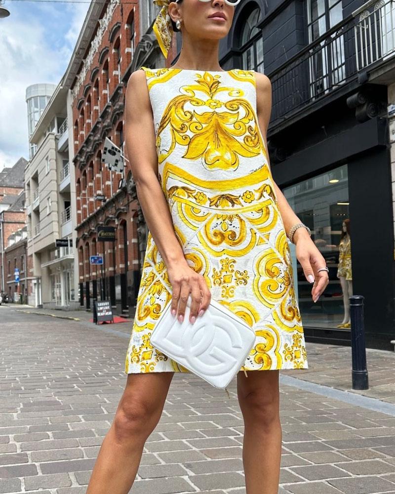 Vintage Elegant Flower Printed Sleeveless Evening Dress