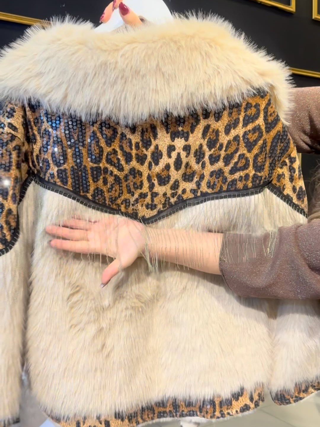White Leopard Print Fur Coat