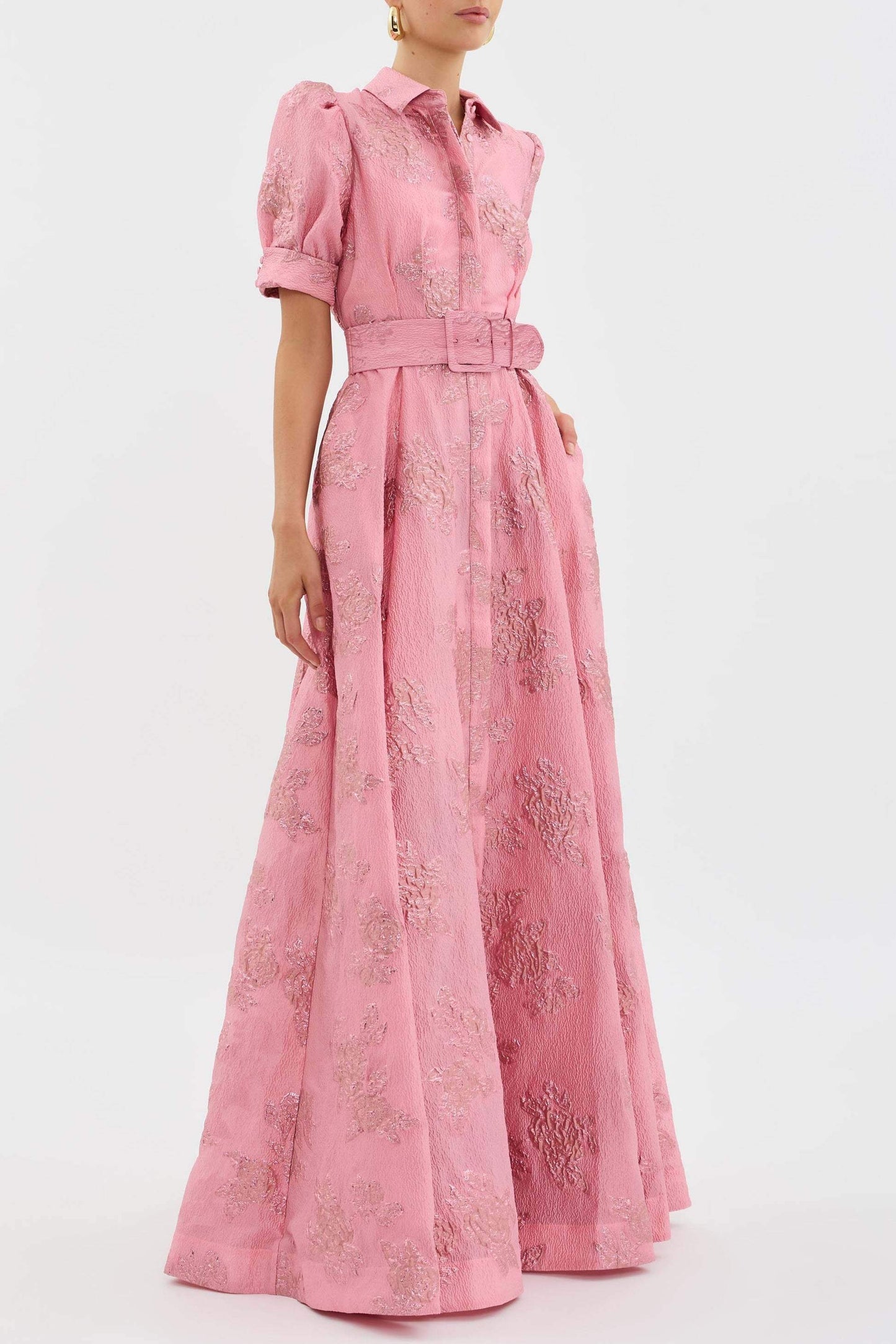 Pink Waist-cinching Button-down Maxi Dress