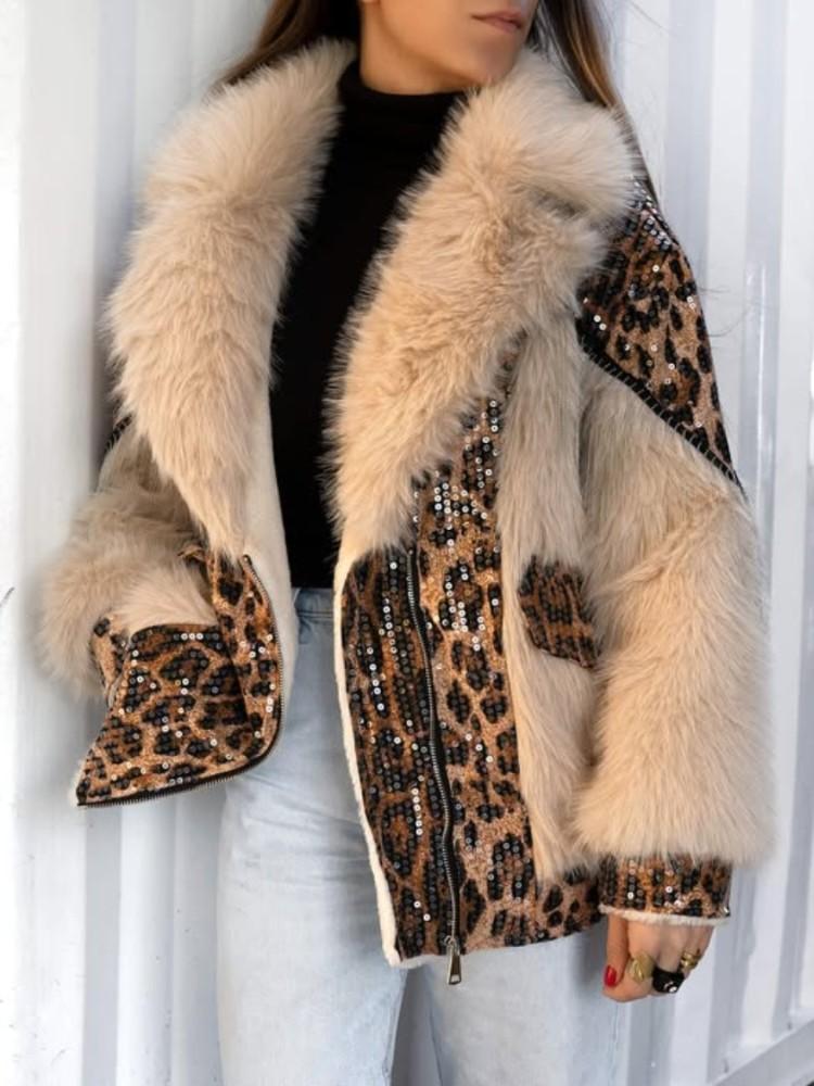 White Leopard Print Fur Coat