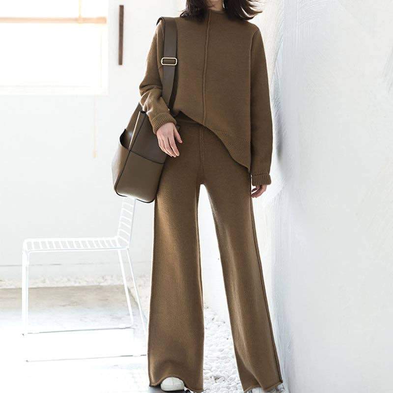 Fashion Elegant Sweater Wide Leg Pants Suit