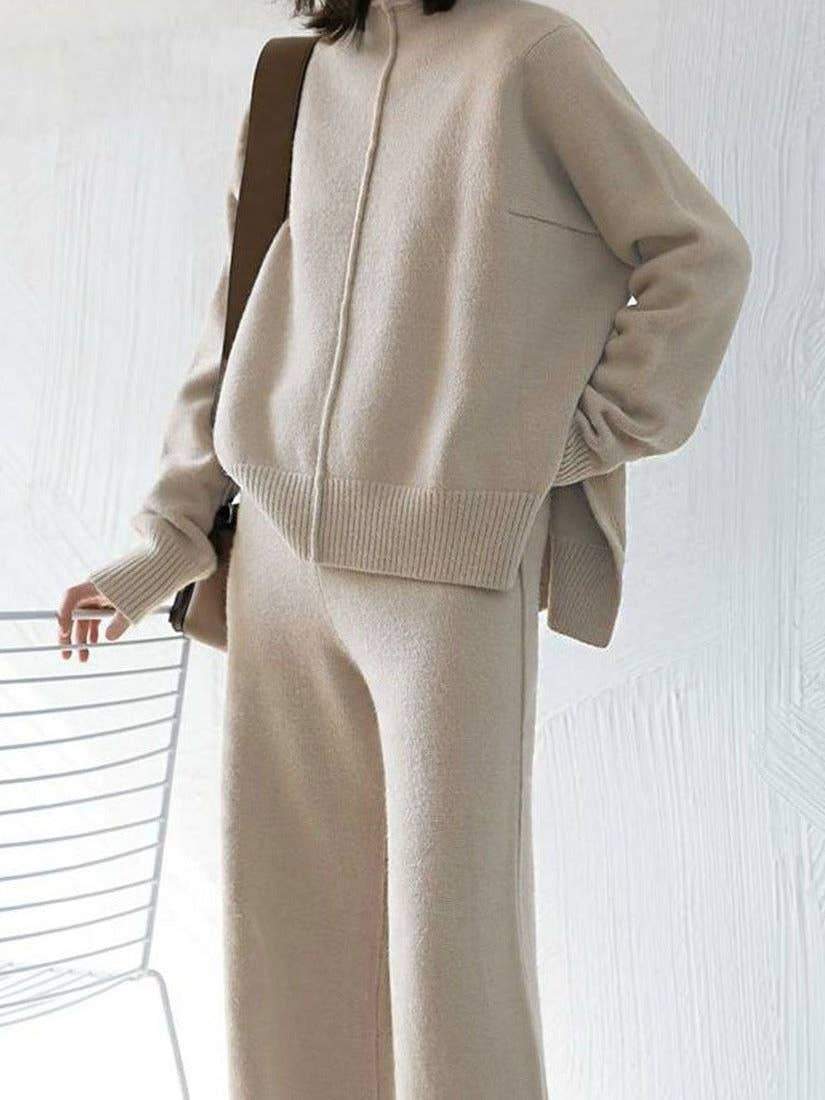 Fashion Elegant Sweater Wide Leg Pants Suit