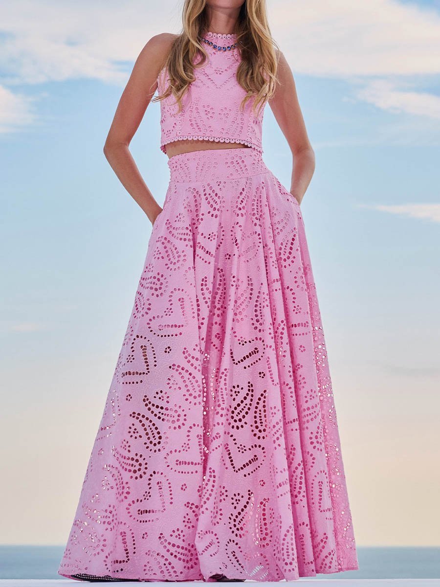 Embroidered hollow two-piece skirt with pockets