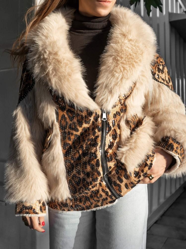 White Leopard Print Fur Coat