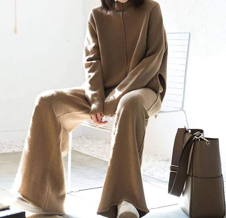 Fashion Elegant Sweater Wide Leg Pants Suit