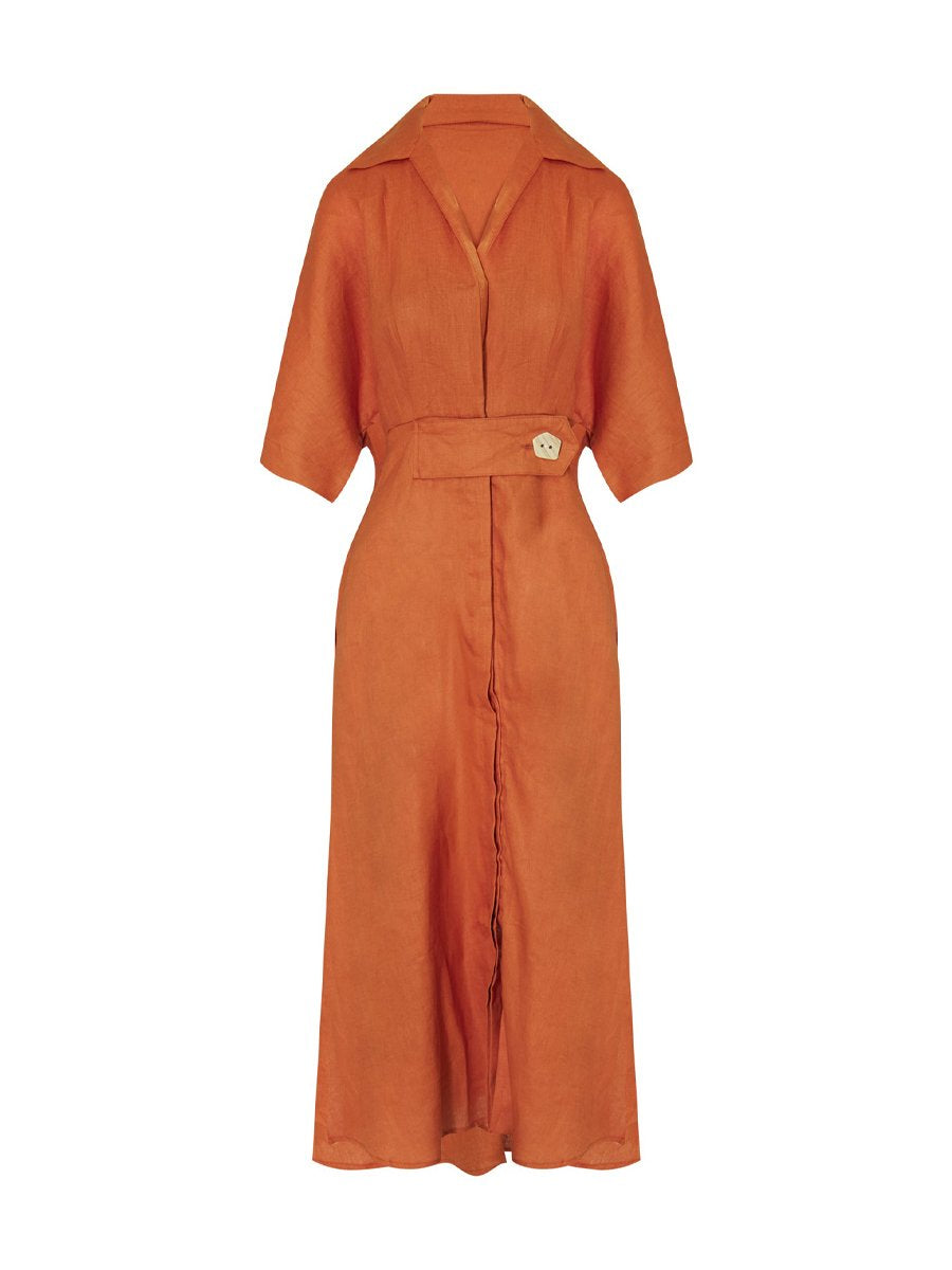Slit Hem Solid Short Sleeve Midi Shirt Dress