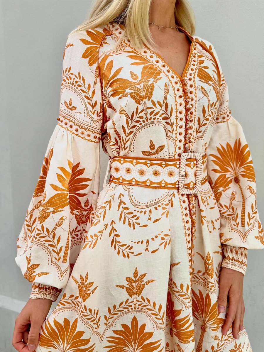 Placement Print V Neck Mini Dress